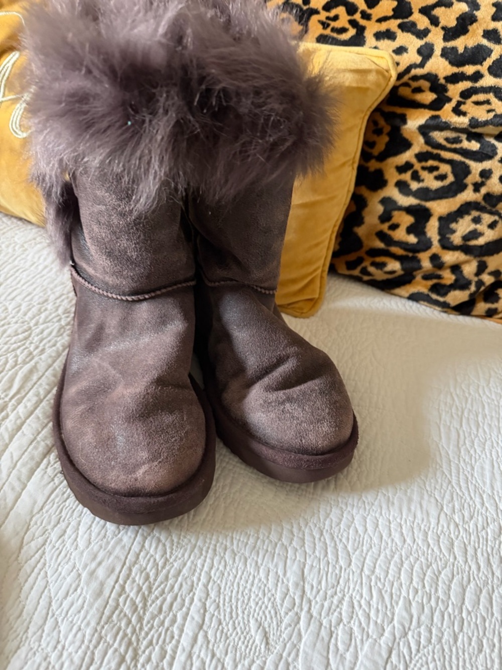 UGG Chocolate Brown Suede Fur-Trim Mid-Calf Boots